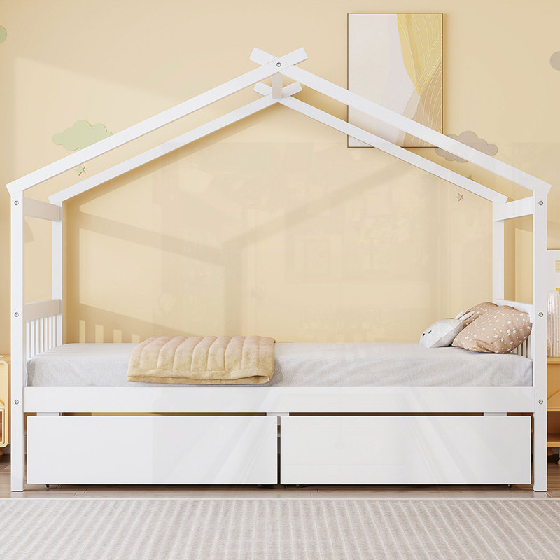 Wooden House Bed With Drawers, Twin, White
