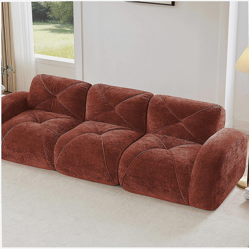 Canapé 110 po sans tissu avec velours doux et capitonné, canapé modulaire modulaire, éponge haute densité 32D, conception antidérapante, fond ergonomique, aucun assemblage requis, pour le cinéma maison, rouge-brun