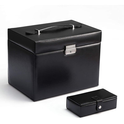 Boîte à bijoux en cuir noir avec étui de voyage et serrure
