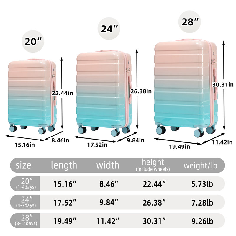 20 "/ 24" / 28 "3 pièces / ensemble de valise à roulettes pour PC, valise de cabine, avec dégradé de couleurs et serrure à combinaison (bleu + rose)