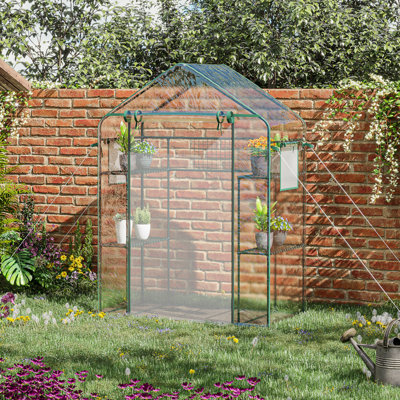 Outsunny Outdoor Walk-In Minihouse With Mesh Door & Windows, Small Portable Garden House With 3 Tiers 6 Shelves, Trellis, & Plant Labels