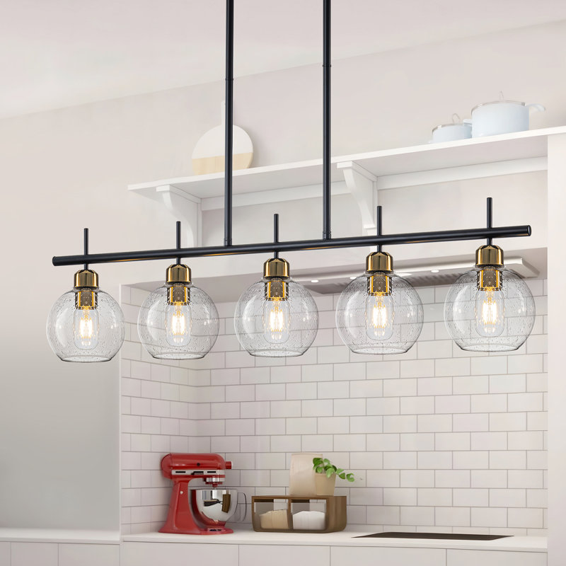 5-light Modern Kitchen Island Linear Pendant Light With Seeded Globe Glass Shades, Matte Black/Gold