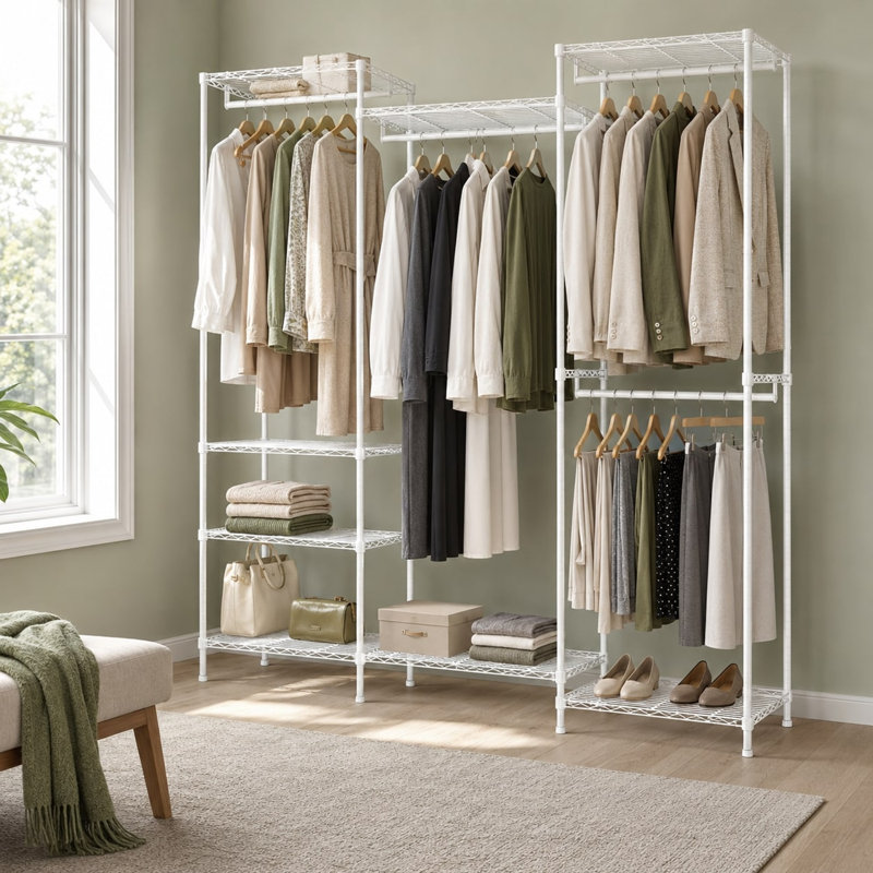 174cm 4 Rail Wire Garment Rack with 8 Shelves Freestanding Open Wardrobe, White