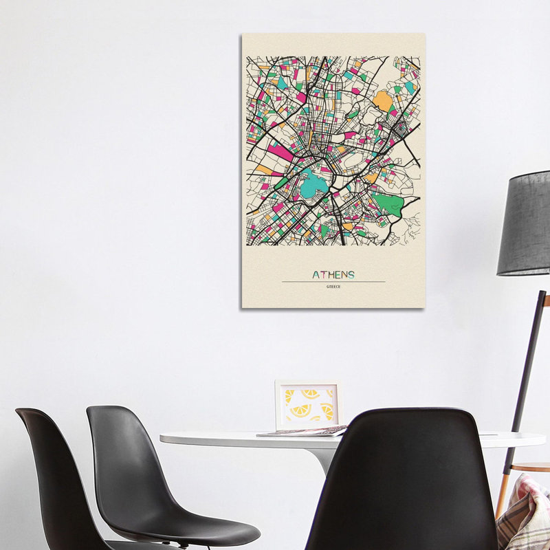 Athens, Greece Map by Ayse Deniz Akerman - Print on Canvas, White Floater Frame, 101.6 cm H x 66.04 cm W