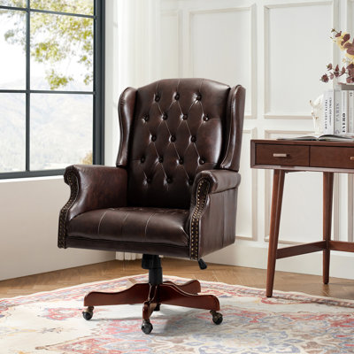 Swain 46.5'' H Traditional  Faux Leather Executive Chair with Solid Wood Base and Tufted Back