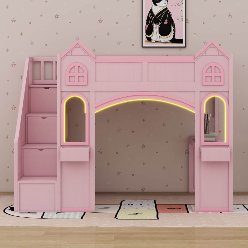Lit mezzanine de style princesse avec bureau d'étude réglable, escalier de rangement, éclairage à DEL et tablettes décoratives - lit double en bois