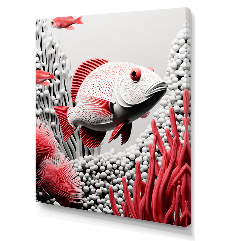 Croquis de poisson monochrome noir et rouge I - plage et océan, reproduction d'art mural, Toile tendue