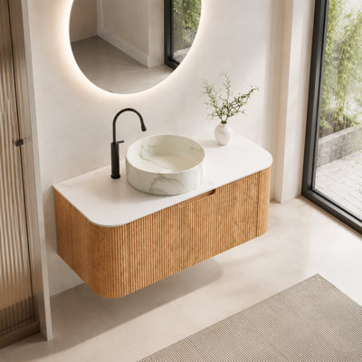 36-In Woodgrain Wall-Mounted Single Bathroom Vanity with Artificial Stone Top and Ceramic Vessel Sink