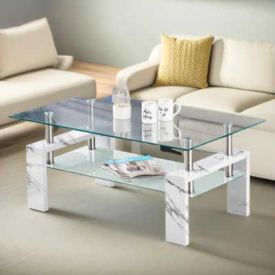 2 Tier Glass Table with Storage Shelf, Living Room Furniture
