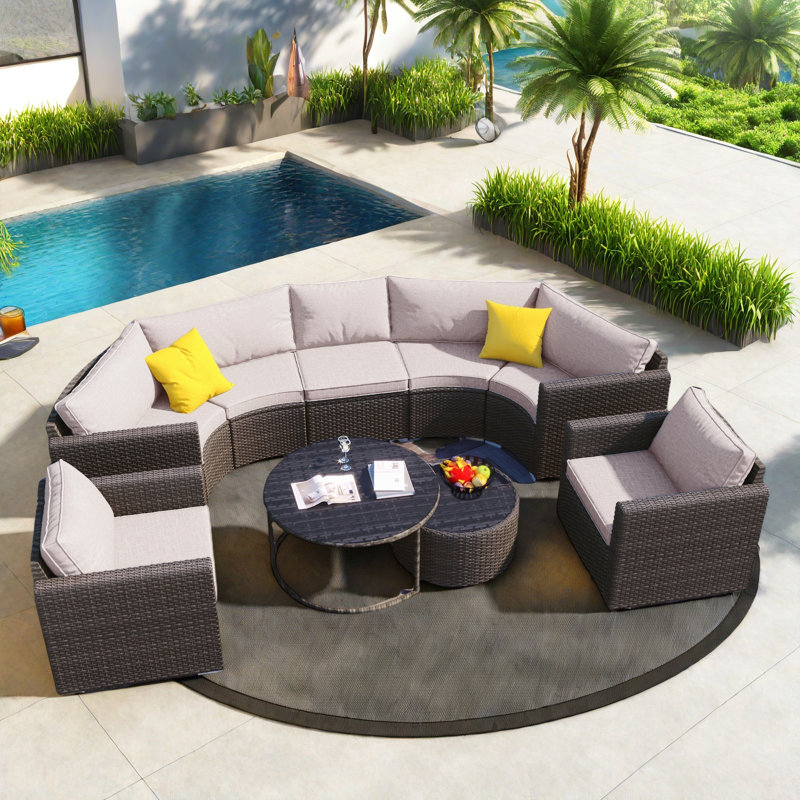 9-pieces Outdoor Half-moon Wicker Conversation Sets With 1 Nesting Coffee Table And Tempered Glass Top