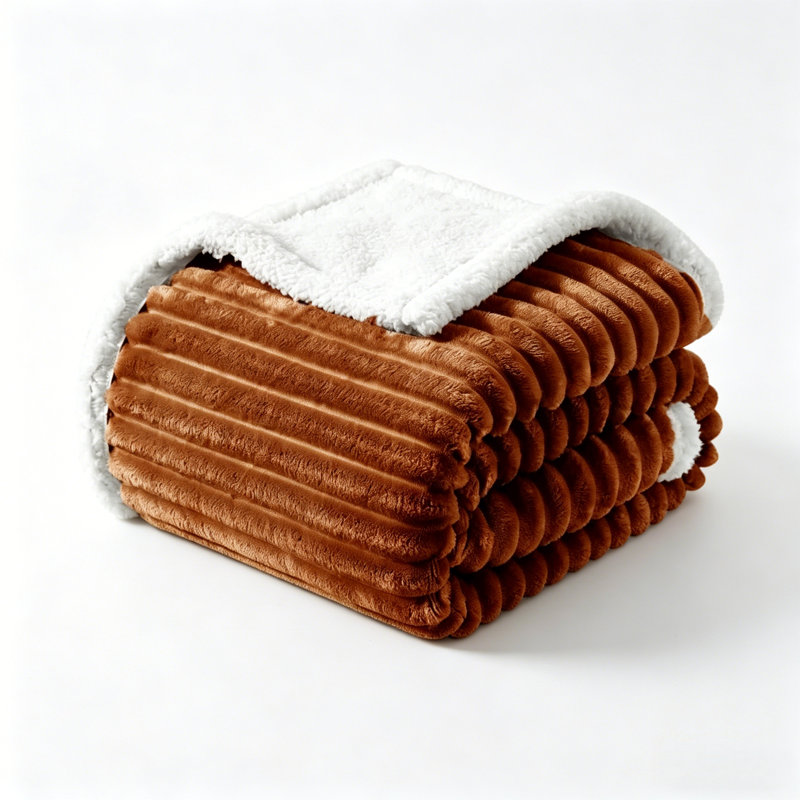Striped Flannel & Sherpa Large Size Throw Blanket, Soft & Cozy Warm Blanket for Bed, 220 X 240CM, Brown