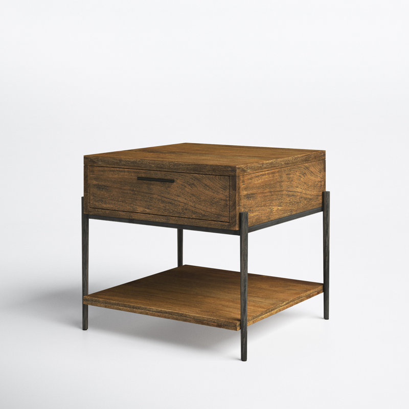 Transitional Brown Mango Wood and Metal End Table with Storage