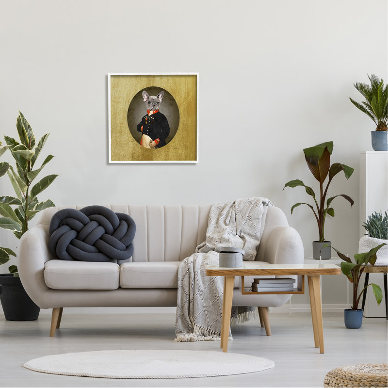Portrait de chien de style antique portant un costume militaire par Amanda Greenwood - impression, Cadre blanc