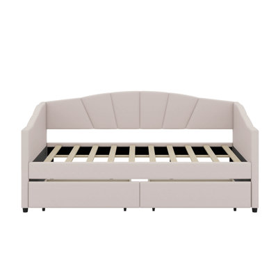 Twin Size Upholstered Daybed With Wood Slat And Two Drawers