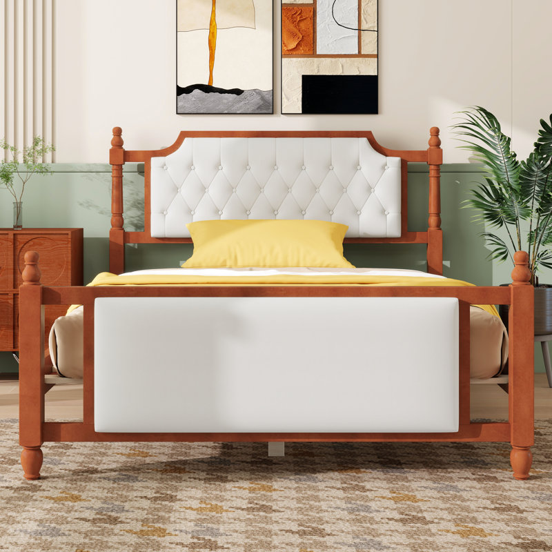 Lit plateforme tapissier avec tête de lit capitonnée à boutons, lit en bois avec tête et pied de lit en velours, Brown, Queen