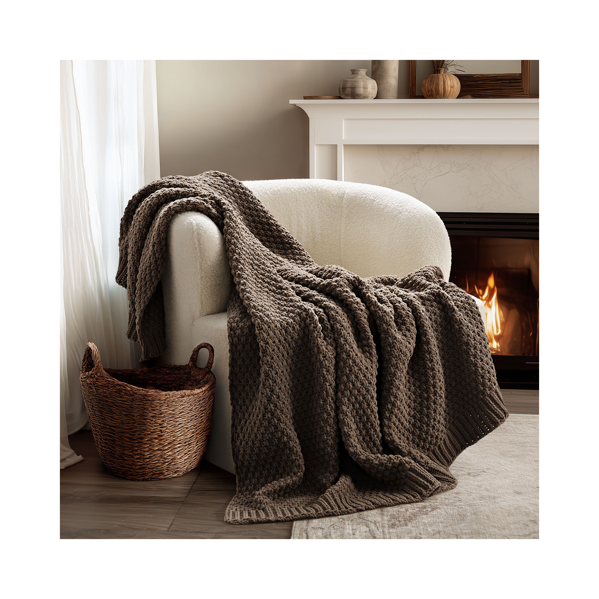 Chunky Chenille Knit Throw Blanket, 60" L x 50" W, Cocoa Brown