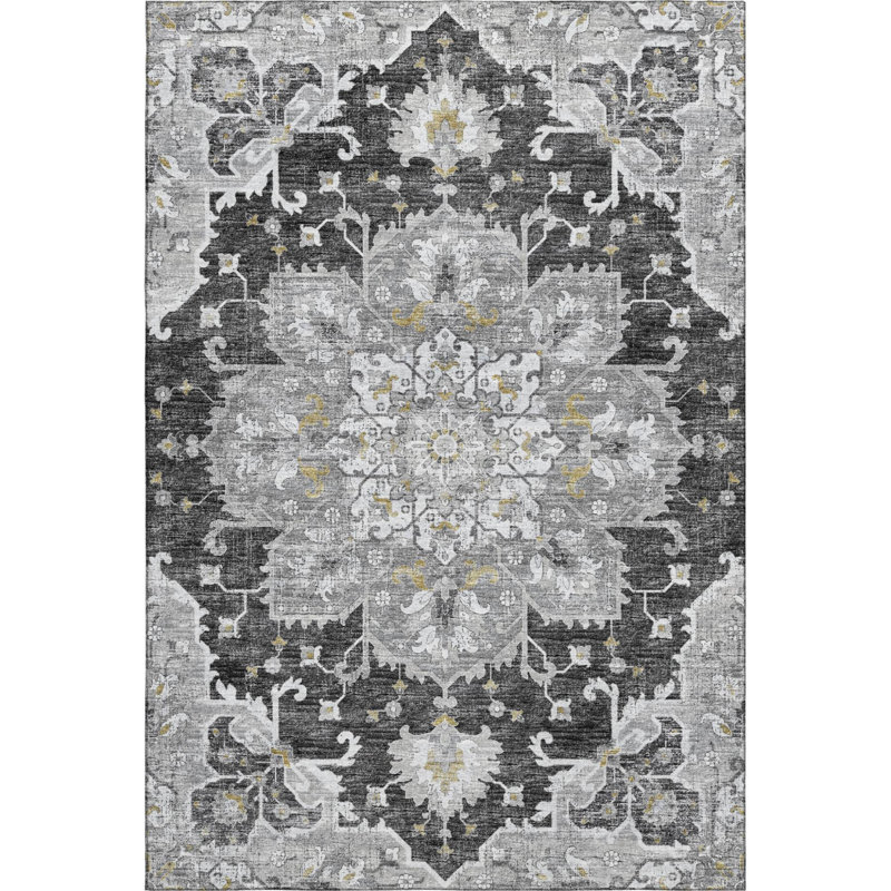 Tapis lavable délavé 5 pi x 8 pi graphite doré et gris anthracite
