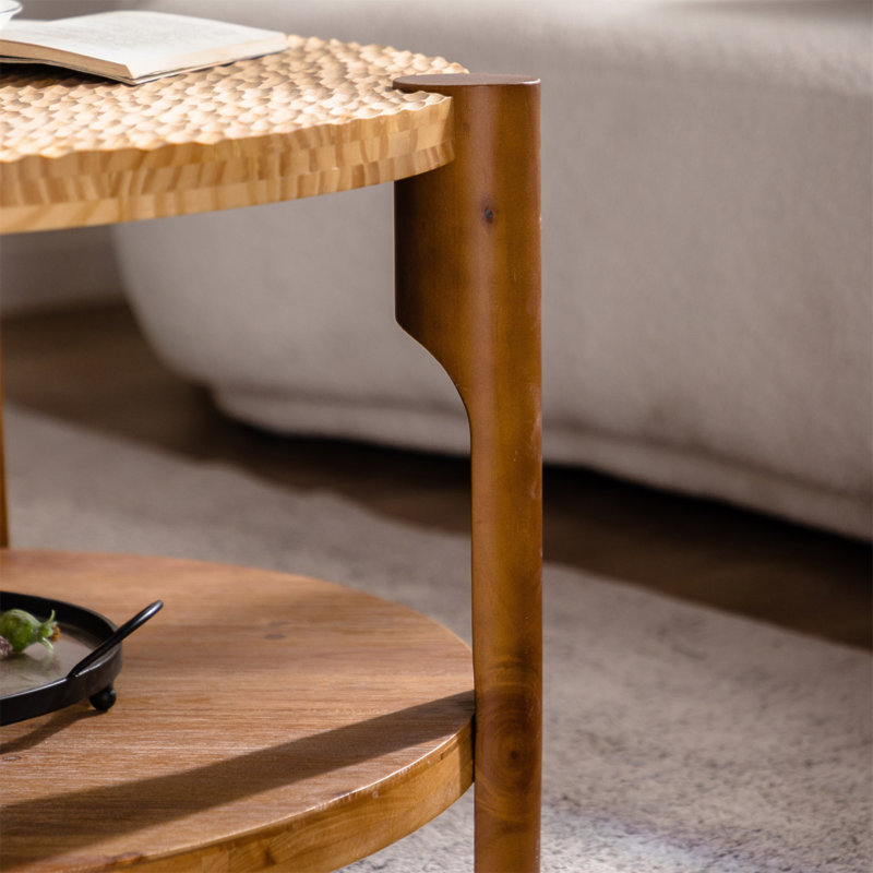 Table basse ronde en bois massif pour le salon, table basse ronde à 2 niveaux avec tablette de rangement, table basse moderne Mid-Century, espace restreint pour la maison, assemblage facile