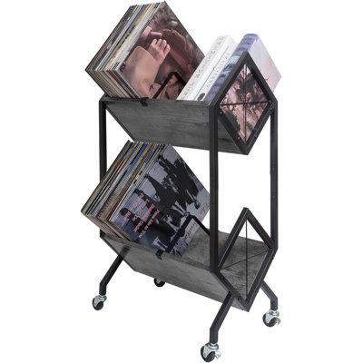Chariot de rangement pour disques vinyles à 2 niveaux sur roulettes - Organisateur rétro à pieds en bois et en fer d'une capacité de 160 à 200 litres avec roues verrouillables