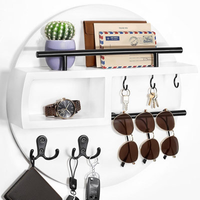 Key Holder Wall Mount, Wooden Key Mail Holder Decorative Round Key Rack With Shelf Key Organizer With Storage Box Sunglasses Hanger Multi Hooks For Entryway Hallway Doorway White