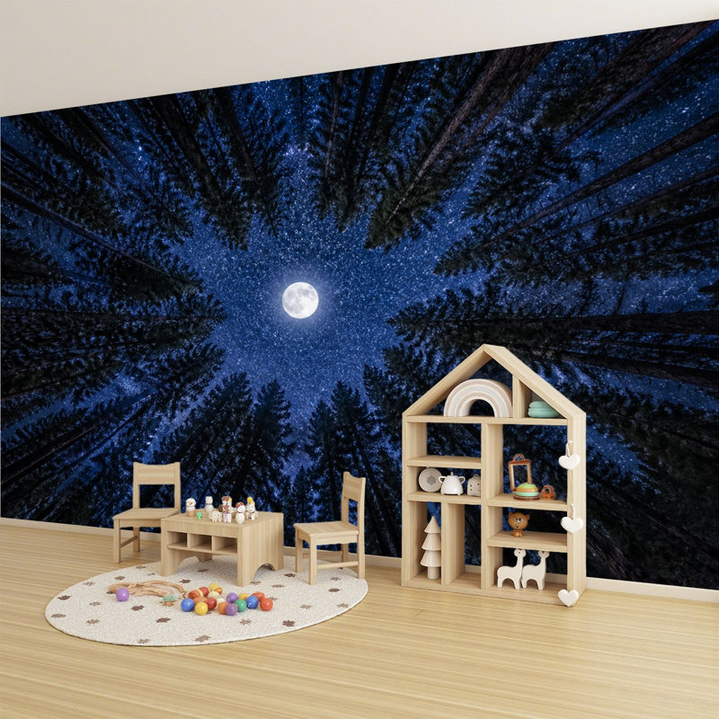 Papier peint adhésif pelez et collez nuit étoilée pleine lune entourée d'arbres, art mural auto-adhésif et amovible