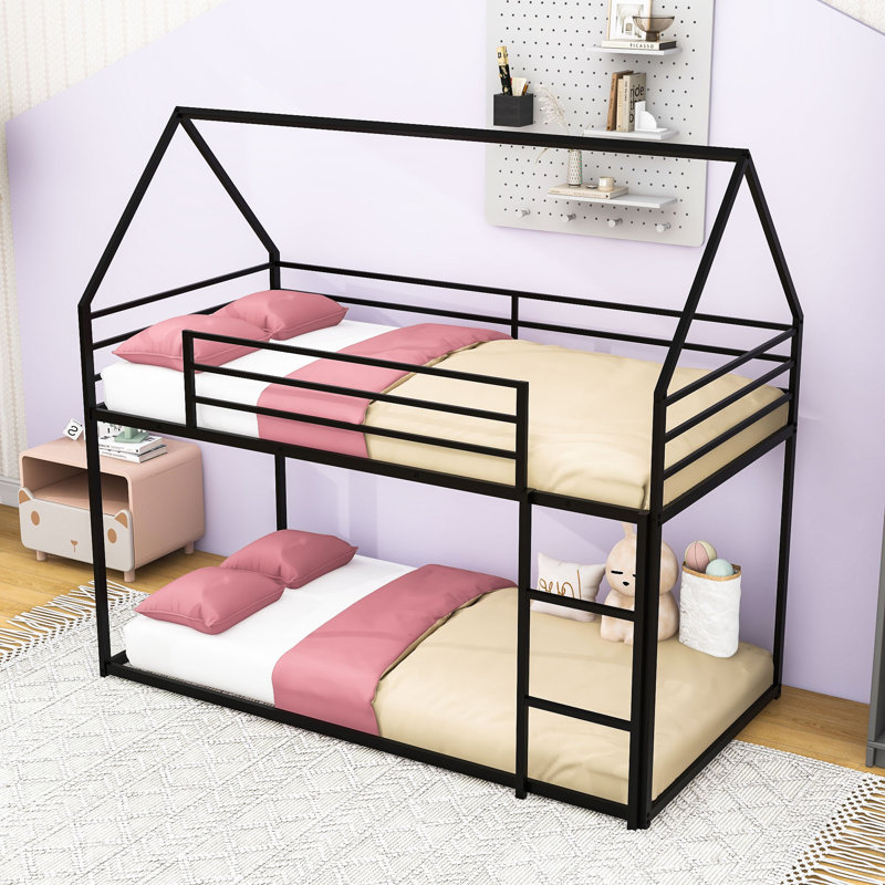 Lit superposé simple au dessus d'un lit simple avec échelle intégrée et garde-corps, Black