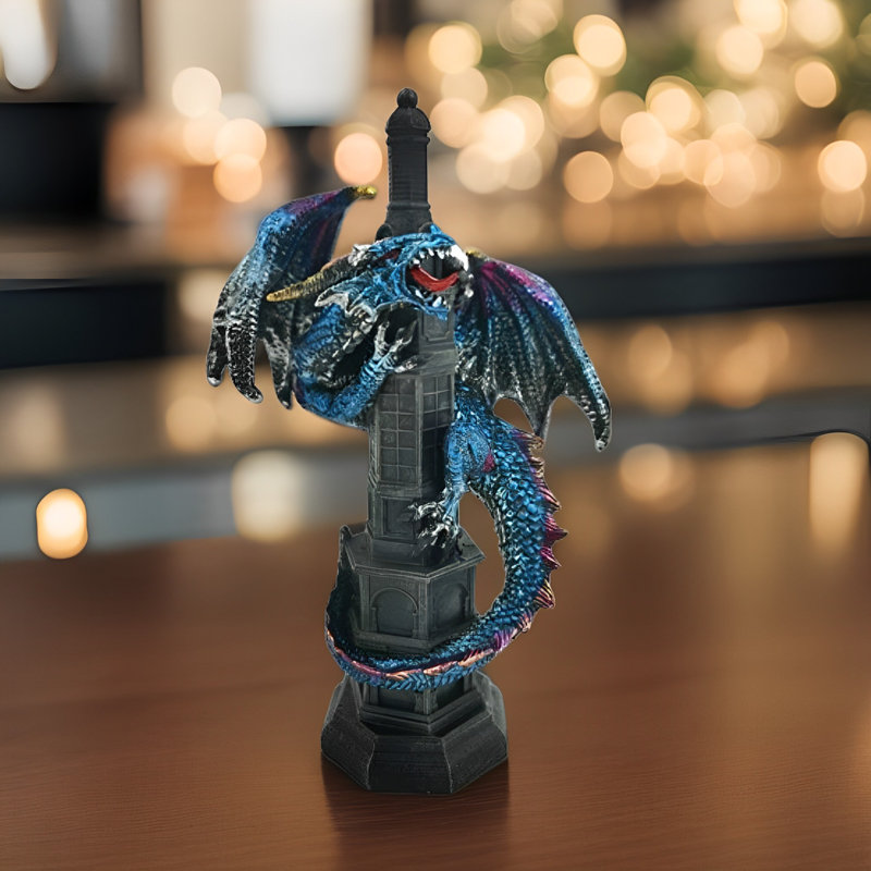 8.5"H Blue Dragon on Tower Figurine