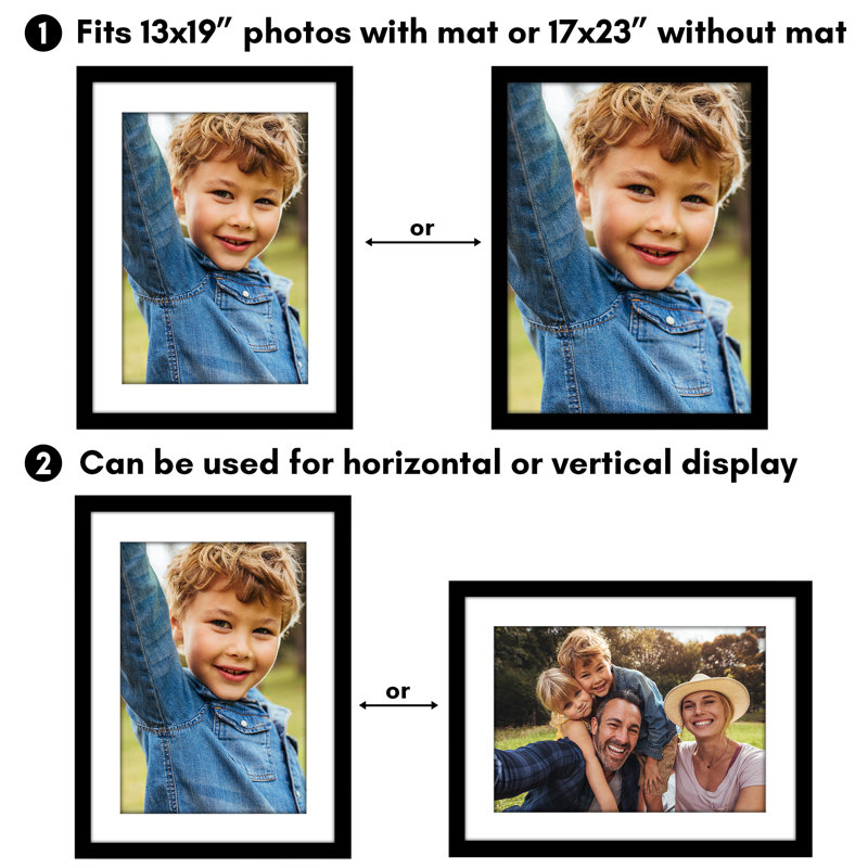 Poster Frame - Wooden Picture Frame with Mat and Plexiglass Cover, Black, 17" x 23" , 13" x 19"
