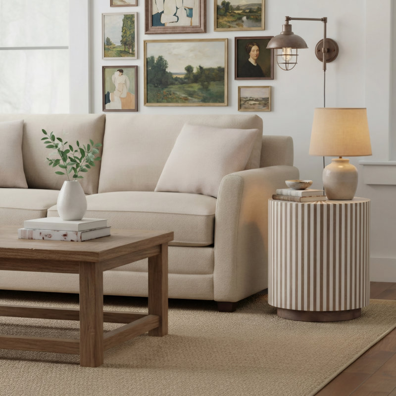 Round Solid Mango Wood End Table with Starburst Pattern