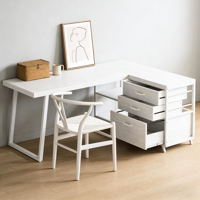 Bureau de jeu en forme de L pour espace restreint, panneau de particules et structure en métal, 2 petits tiroirs, 1 grand classeur à tiroirs, bureau spacieux avec écritures blanches l 53 po x P 19,7 po