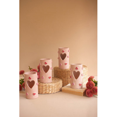  Heart Carved Clay Luminary Set of 4 Cozy Romantic Decor 8" H
