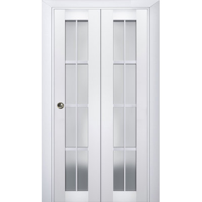 Sliding Closet Bi-Fold Doors | Veregio 7412 Silk With Frosted Glass | Sturdy Tracks Moldings Trims Hardware Set | Wood Solid Bedroom Wardrobe Doors