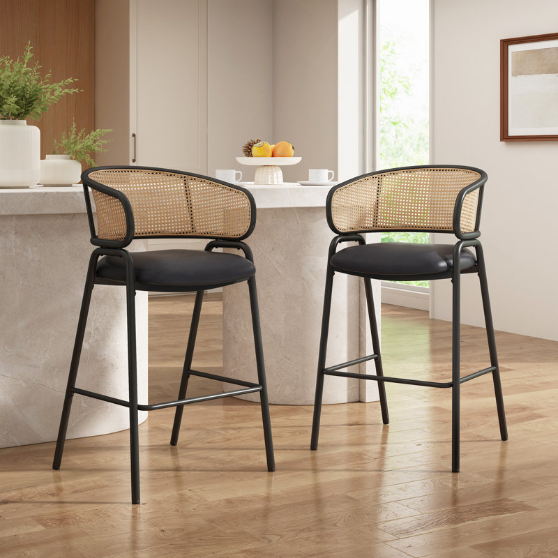 Tabouret de bar d'intérieur revêtu de métal, siège en similicuir avec dossier en rotin Wowen, ensemble de 2