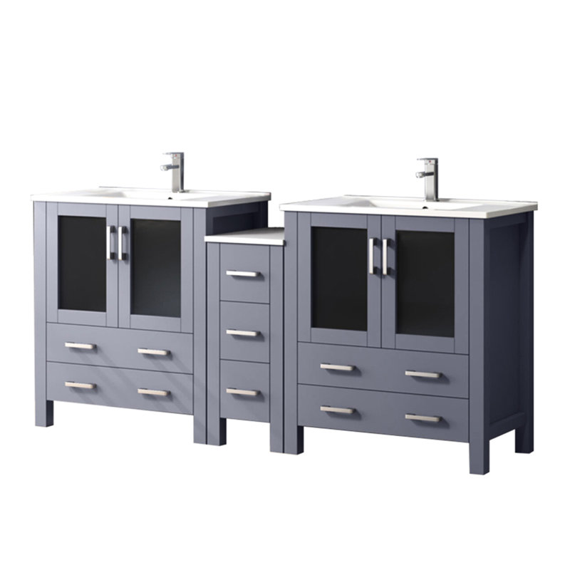 Gris foncé foncé de 72 po Large meuble-lavabo double avec armoire latérale, comptoir en céramique blanche, robinet, conception à fermeture en douceur, deux espaces de rangement intérieurs, sept tiroirs, surface de travail, baignoire à un trou
