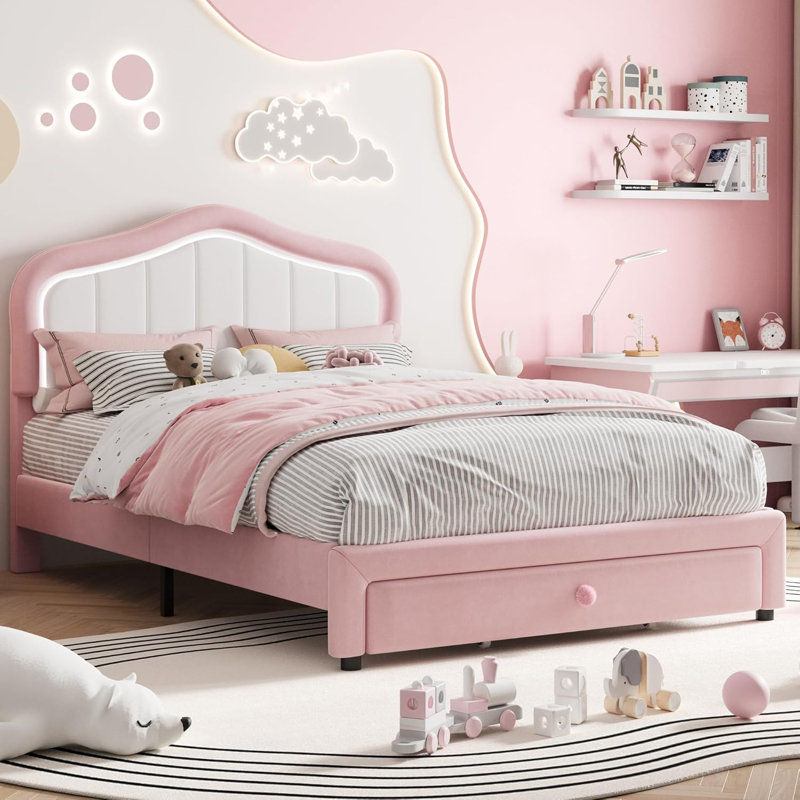 Full Princess Upholstered Platform Bed with LED Headboard & Storage Drawer, Pink, Full, Pink