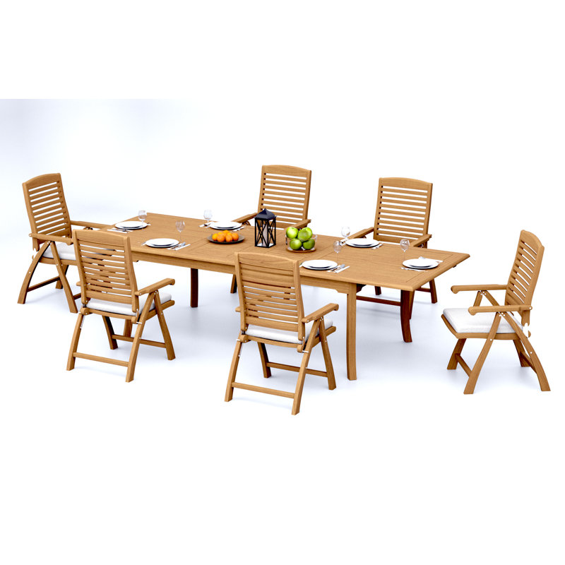 12 Seats 13 Pcs Grade-A Teak Wood Dining Set: 118" Double Extension Rectangle Table And 12 Ashely Folding Reclining Arm Chairs #11AS2412