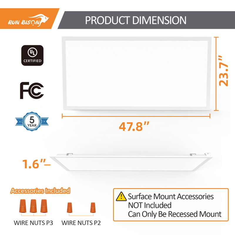 Dimmable LED Flat Panel Light, 1.6" H x 47.8" W x 23.7" D