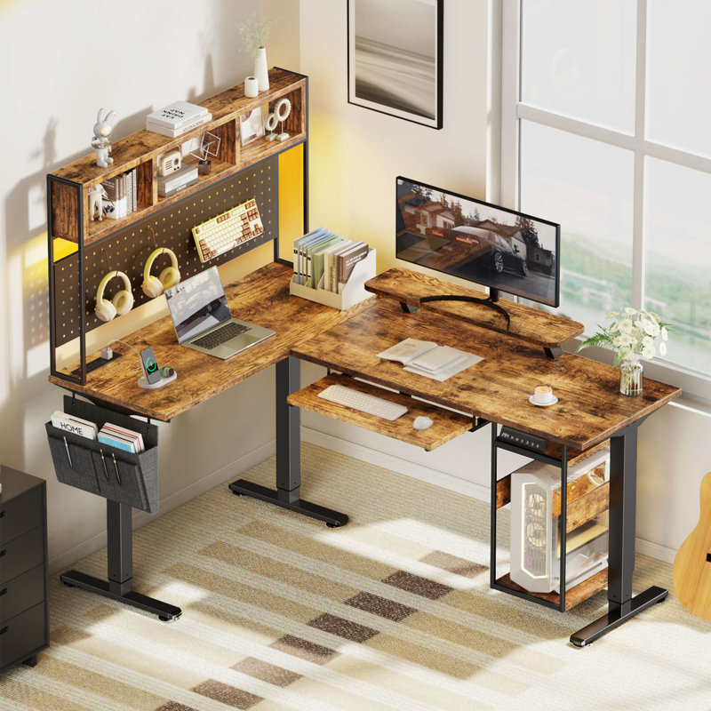 Bureau debout à hauteur réglable en forme de L avec lumières à DEL et prise de courant, avec rangement, Brun café / noir