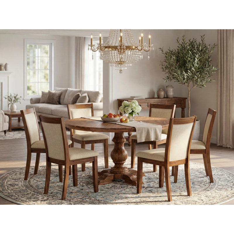 L'ensemble de salle à manger 7 pièces se compose d'une table de salle à manger à piédestal et de 6 chaises Parson en tissu de lin beige clair avec dossier rembourré - Noyer antique
