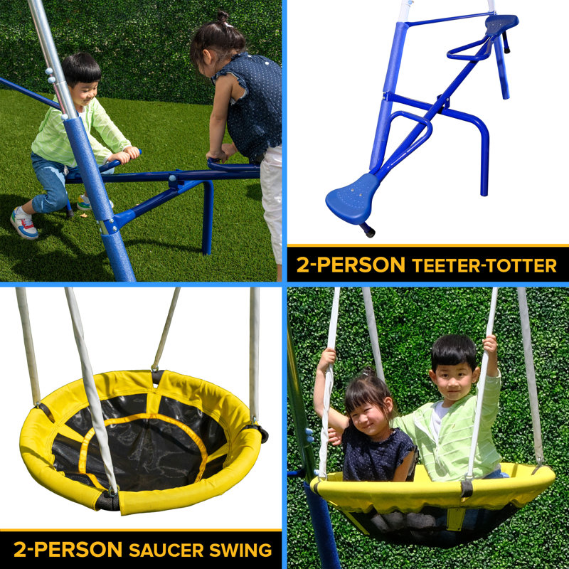 Sportspower Taylor Galvanized Metal Swing Set With Blow Molded Swing, Standing Swing, 2 Person Teeter Totter, 32" Saucer Swing, And 5' Slide, Bonus 4pc Anchor Kit Included