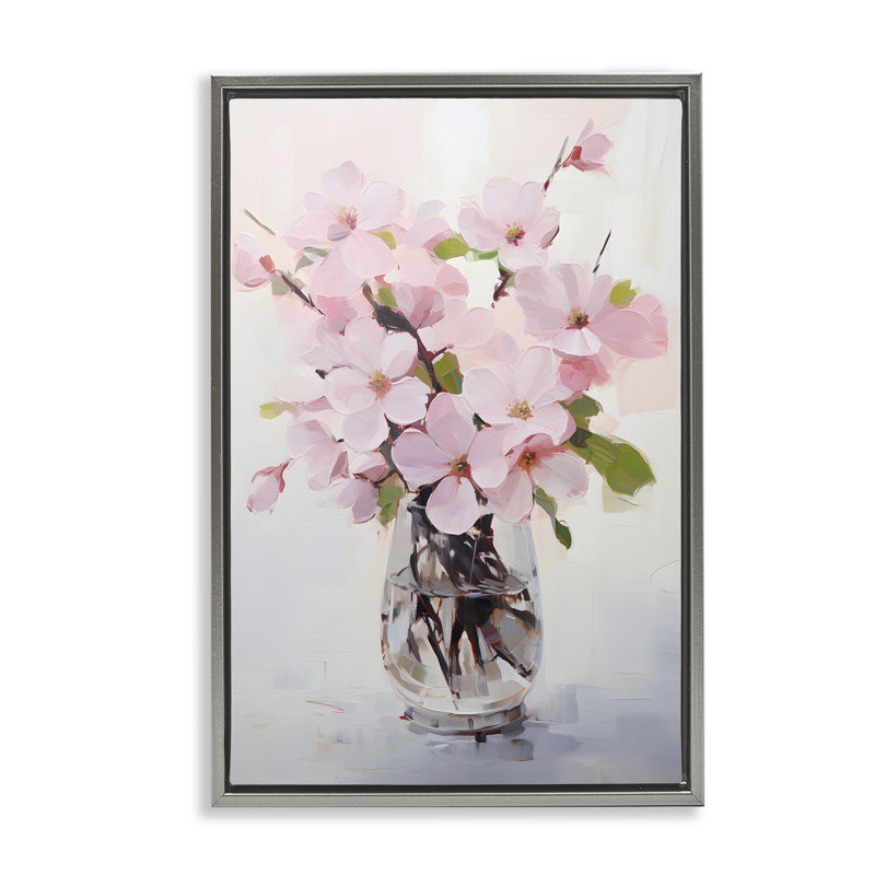 «Rosy Flower Vase» par Petals Prints Design, H 25 po x l 17 po, Cadre flottant gris lustré