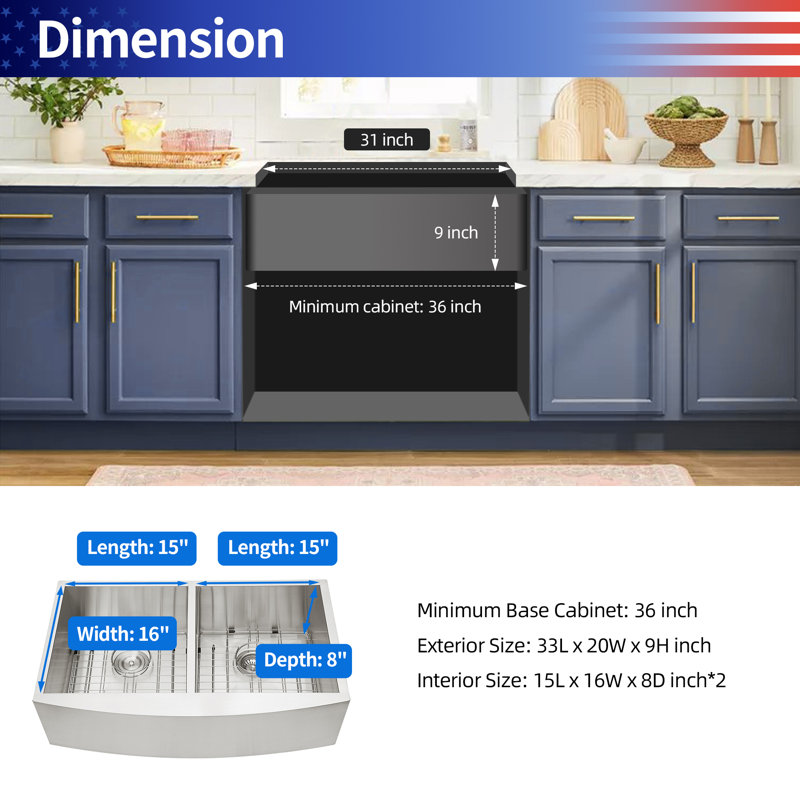 33'' L Double Bowl Stainless Steel Kitchen Sink