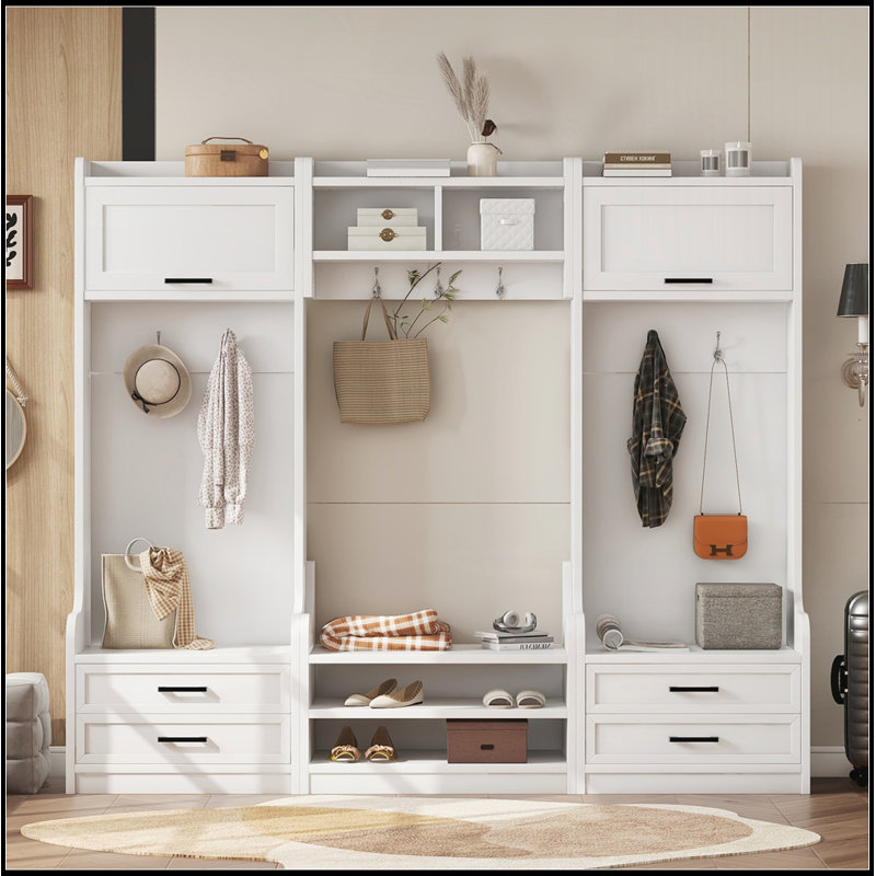 4-in-1 Hall Tree with Storage and 7 Hooks, Multiple Functions Hallway Coat Rack with Storage Drawers and Cabinet, White