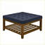 Repose-pieds carré en lin capitonné avec tablette de rangement, repose-pieds surdimensionné pour le salon, bleu marine | Bois | Brun clair