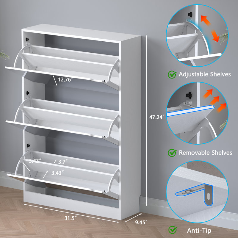 Portemanteau moderne 2-en-1 avec range-chaussures, 3 tiroirs rabattables et un portemanteau, organisateur de couloir étroit autoportant pour le couloir, le salon
