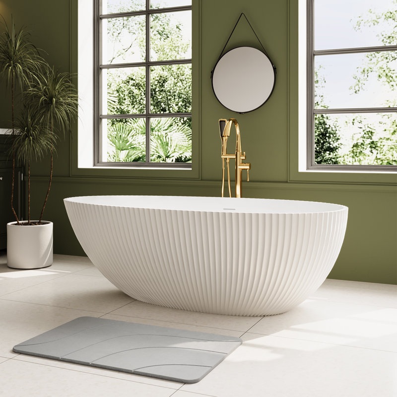 Egg-shell Design Freestanding Bathtub 67" Matte White Resin Stone Soaking Tub  With Vertical Texture