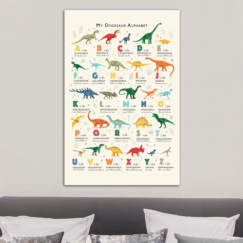 Dinosaur Alphabet - impression d'art graphique, H 40 po x l 26 po x P 1,5 po, Pas de tapis, Toile tendue