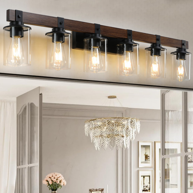 6-Light Rustic Industrial Bathroom Vanity Light Wall Mounted with Clear Glass Shades and Wood Accents, 6