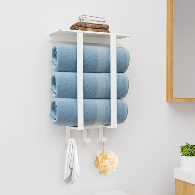 Porte-serviettes mural avec tablette 3 crochets pour serviettes de bain roulées