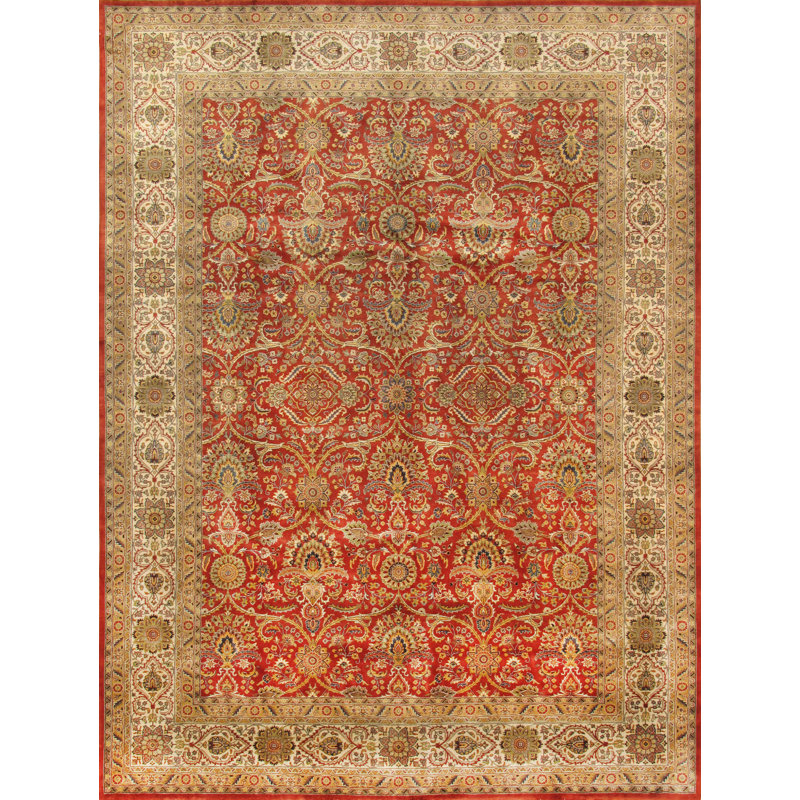 Hand-knotted Ivory and Rust Floral Wool Silk Rug, 9' x 12'
